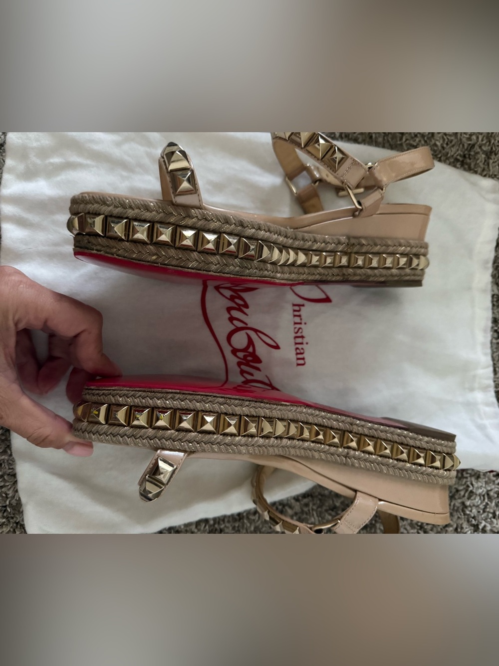 Christian Louboutin Nude Patent Leather Studded Espadrille Sandals 38 - Picture 4 of 10